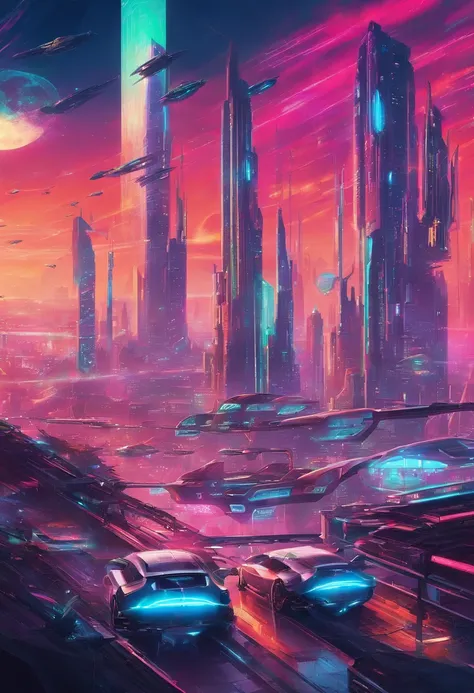 Cyber punk sci-fi City with neon lights and flying cars