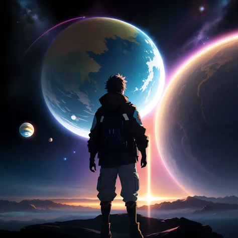 Anime-style poster、It depicts two contrasting planets and a near-future space landscape ,One planet is dark and dead, The other is bright and lively. Different planets and stars on background、Gives the viewer a sense of endless space and adventure waiting ...