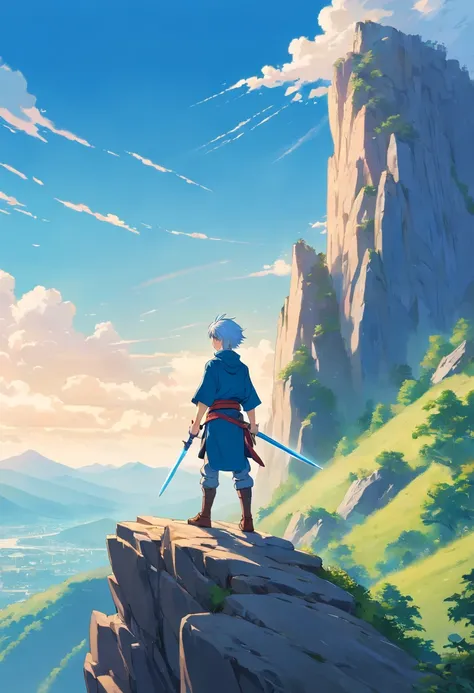 grainy, extremely detailed masterpiece, high-quality depiction of a boy standing on a cliff in front of a majestic mountain, blue medieval outfit, holding sword, white hair