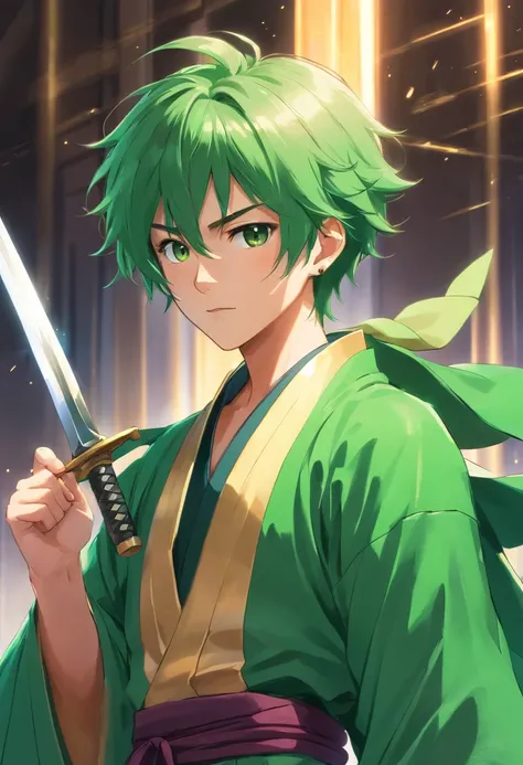 Green hair，Brush cut，Male swordsman，Wearing a green robe，With three knives，Gold stud earrings are worn over the ears