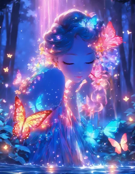 At the fountain in the forest at night, Illuminated by mysterious moonlight, Fairy standing on the surface of the water、Spread the wings of a butterfly on its back. Beautiful face and brightly colored glowing eyes. Beautiful butterfly wings like glasswork....