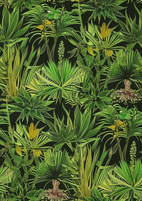 Close-up of wallpaper with plant motifs, plants allover, botanic foliage, botanical background, a plant, lush botany, intricate plants, detailed beautiful plants, tropical plants and flowers, plant patterns, plants and jungle, detailed plants, Tropical pla...