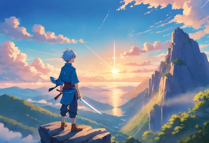 grainy, extremely detailed masterpiece, high-quality depiction of a boy standing on a cliff in front of a majestic mountain, blue medieval outfit, holding sword, white hair, sunset clouds, noon