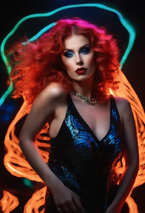 a rave girl detailed expression, vibrant colors, chiaroscuro lighting, , fiery red hair, intricate curls, confident gaze, smoky eye makeup, luscious lush voluptuous thick red lips, eccentric hairstyle, expressive hands, playful and mischievous demeanor, lu...