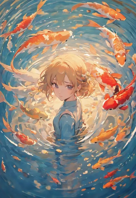 "A graceful depiction of a young girl surrounded by a swirling flock of mesmerizing koi fish, (lots of koi fishes),resembling an elegant and serene Japanese ink painting."