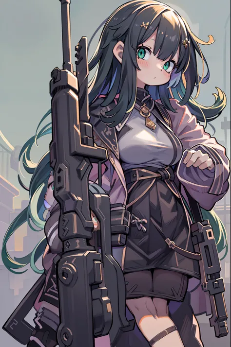 Hold a giant sniper rifle、Long sideburns、Anime-style girl with beautiful whole body, Little Girl,clean detailed faces, ciber,analogous colors, Glowing shadows, beautiful gradients, depth of fields, CLEAN IMAGE, High quality,Black Parker Closing、 high detai...