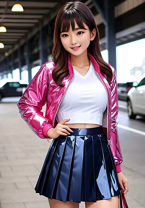 very beautiful asian girl wearing pleated skirt and shiny plastic jacket