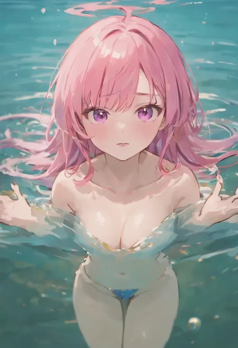 1girll，tmasterpiece，8k，Half realistic，4k，RTX，Shaders，Excellent texture work，Perfect body proportion，hyper HD，super detailing，best qualtiy，high detal，high high quality，A pink-haired，Lie on the surface of the water，Delicate face