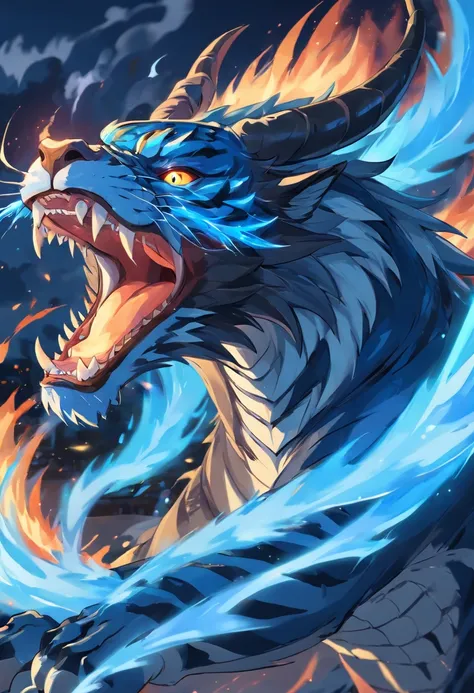 A dragon with blue flames and black tiger stripes, ferocious look on dragons face roaring, An exaggerated perspective, Unique yokai illustration, Details of realism, Qi Baishi style --niji 5 --relax --ar 16:9