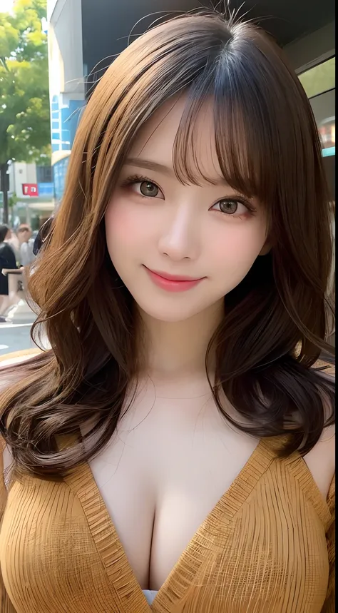 masutepiece, Best Quality, Illustration, Ultra-detailed, finely detail, hight resolution, 8K Wallpaper, Perfect dynamic composition, Beautiful detailed eyes, Womens Fashion🍂,Medium wavy hair,small tits、Natural Color Lip, Bold sexy poses,Smile,Harajuku、20 y...