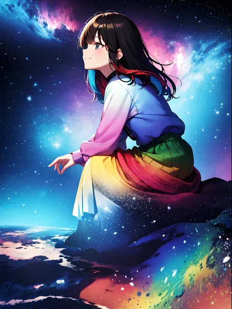 Multicolored clothes、girl with, cloud, Colorful, Cool, masutepiece, sit, From Side, (Sideways), Smile, starrysky, Stars