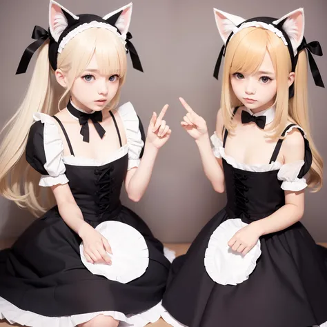 flat chest、maid clothes、cat ear、a blond、twinsies、rut