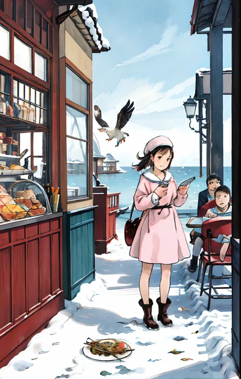 best quality, detailed background, girl,sea, cafeteria, bird, snow, winter,