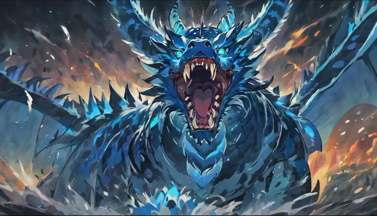 A dragon with blue flames and black tiger stripes, ferocious look on dragons face roaring, An exaggerated perspective, Unique yokai illustration, Details of realism, Qi Baishi style --niji 5 --relax --ar 16:9