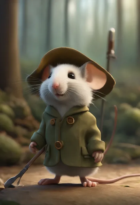 Little mouse，adolable，shaggy，Cartoony，Wear a khaki jacket，With a hat on，With crutches in hand，White hair。