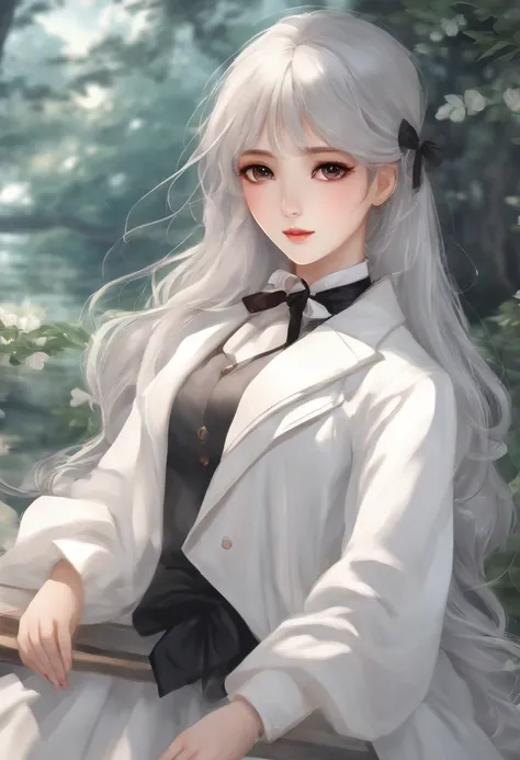 There is a long-haired woman wearing a white jacket and bow tie, korean girl, Realistic anime girl, Fille chinoise, Anime Girl dans la vraie vie, Anime Fille aux cheveux longs, Hime cut white hairstyle, cute natural anime face, realistic anime 3 d style, b...