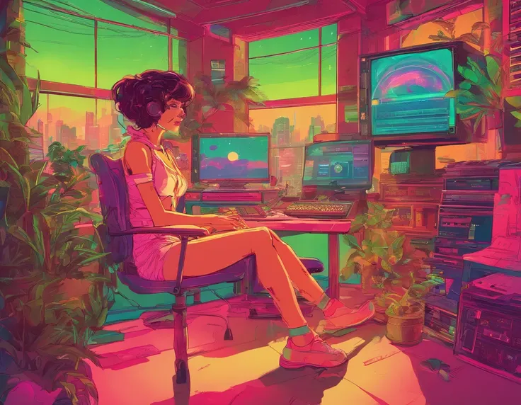 In front of the table are large windows，Girl back，Computer，Full of greenery，catss，Outside the window is vintage architecture，themoon，extremely colorful