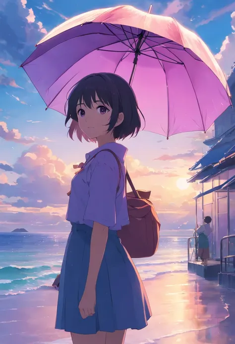 Sky sea holding umbrella girl，Youth Violet Garden