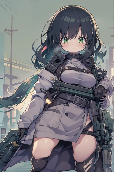 Hold a giant sniper rifle、Long sideburns、Anime-style girl with beautiful whole body, Little Girl,clean detailed faces, ciber,analogous colors, Glowing shadows, beautiful gradients, depth of fields, CLEAN IMAGE, High quality,Black Parker Closing、 high detai...