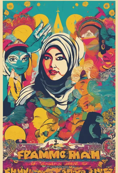 Design a hilarious movie poster featuring the three malay female in hijab as a main characters of our comedy film. Show them caught in a comical situation, with exaggerated facial expressions and props that reflect their distinct personalities. Add a touch...