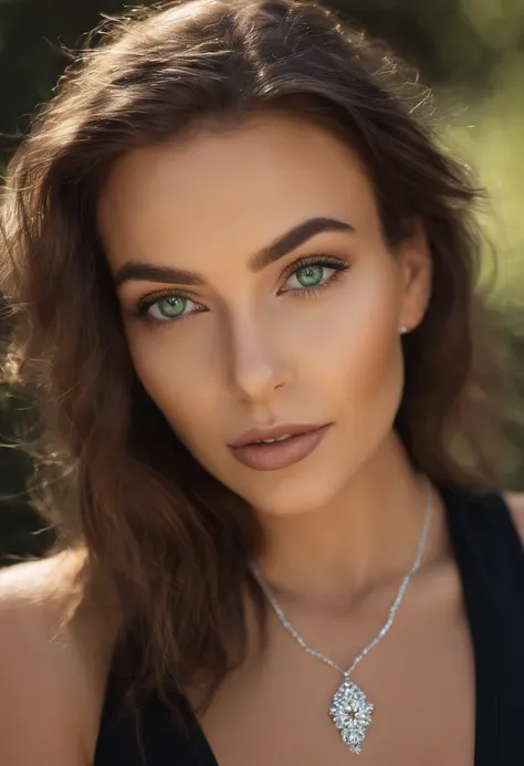 Arafed woman with a white tank top and necklace, fille sexy aux yeux verts, Portrait Sophie Mudd, cheveux bruns et grands yeux, selfie of a young woman, Yeux de chambre, Violet Myers, sans maquillage, maquillage naturel, looking straight at camera, Visage ...