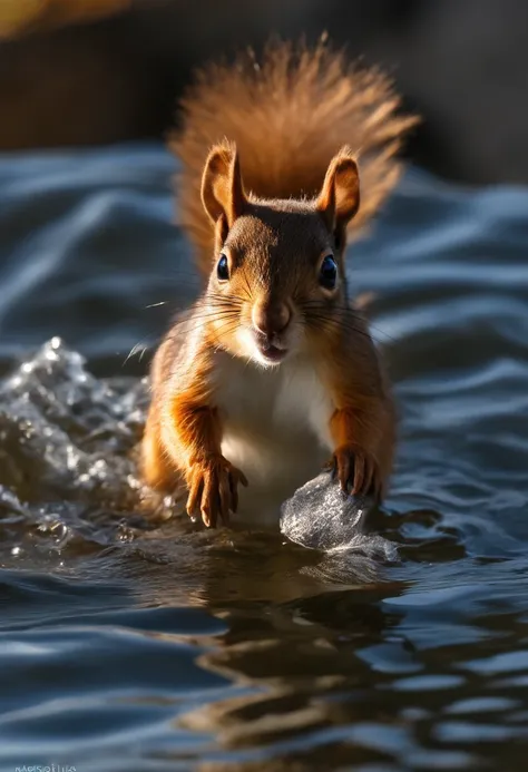 Little squirrel swimming in the sea，and the sun was shining brightly，The sea is blue，adolable，Furry smile， best qualityer，tmasterpiece，（realisticlying：1.4)，