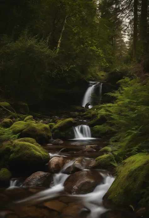 the woods，small stream，a plant，stony，naturey，Scenic view，Bright light，Realistic and realistic，photography of，in a panoramic view，4K