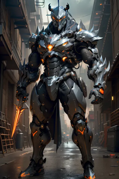 (best quality, highres, ultra-detailed, realistic:1.37), man, bulky full body mechanical armor, hippo style, grey color, intricate metallic texture, sharp edges, adjustable joints, imposing stature, heavy-duty machinery, futuristic design, hydraulic-piston...