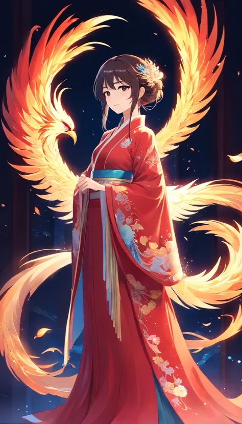 Stunning Chinese Hanfu wedding cape，Embroidered with crystal translucent phoenix. The phoenix shines like a diamond. Phoenix comes back to life，Drag a two-meter skirt. Its beautiful, noble, Red, Magic, Octane Rendering, Surreal, Bright background