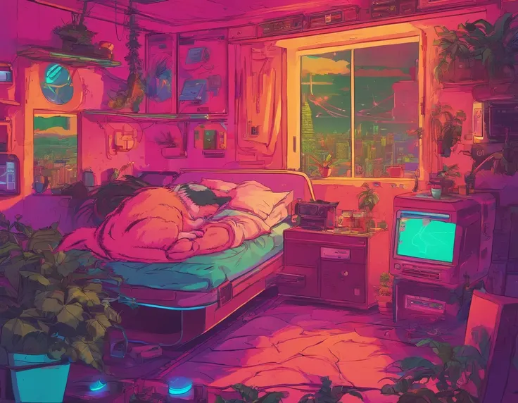 Full of greenery，The cat is in bed，Extremely colorful，Warm lighting