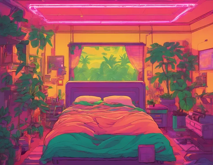 Full of greenery，The cat is in bed，Extremely colorful，Warm lighting