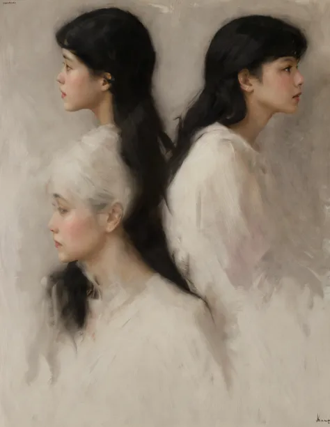 sargent,mucha, king,ctoil, 1girl, black hair, long hair, realistic, profile, lips, closed mouth, shirt,