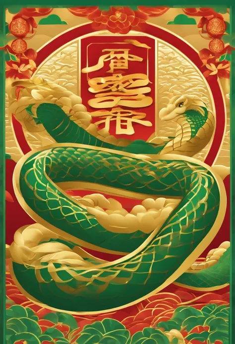 Chinese New Year，Year of the Snake，Golden, red, green，cartoony，Flat illustration style，، simple，Non-realistic，Commercial posters，There are decorations around，delight