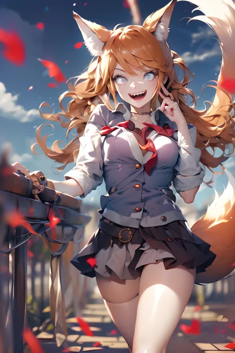 (masterpiece), (best quality), 1girl, perfect body, girl with fox ears, laugh, open mouth, fangs, red glowing eyes, school uniform, sunny day