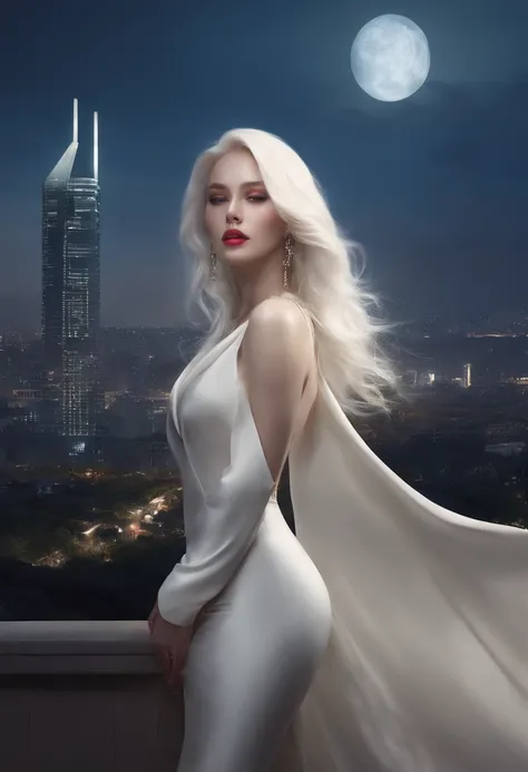 Masterpiece, Highest quality, (solofocus), (Perfect face:1.1), (High detail:1.1),Dramatic, 1人, (Pale skin), Long white hair, White eyes, [Light eyebrows], Solo, Long hair, Moon, Night, white luxury suit, covered navel, pouty lips, Covered, Futuristic city,...