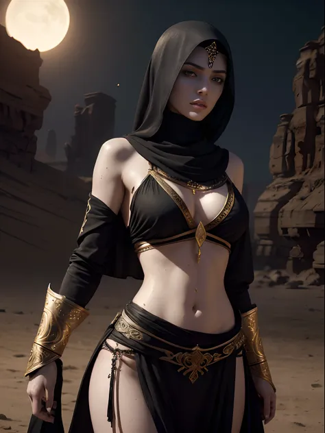 (A beautiful 25 years old Arabian female assassin:1.4), (long black hair:0.9), (pale skin), (detailed dirty and sweaty skin:1.2), (serious face), (wearing black colored Assassin outfit with golden ornate:1.2), (waist up shot:1.2), (desolate desert at night...