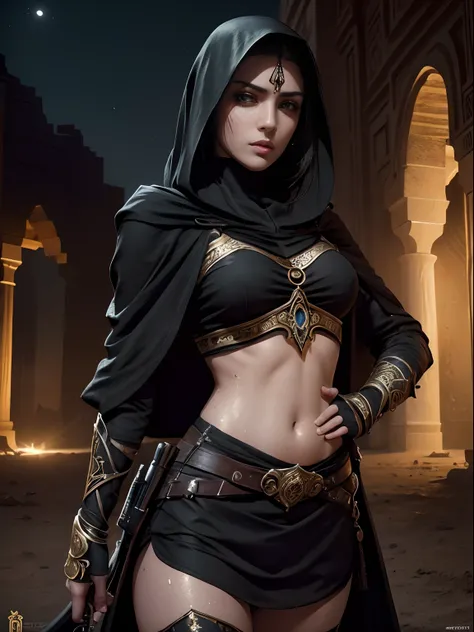 (A beautiful 25 years old Arabian female assassin:1.4), (long black hair:0.9), (pale skin), (detailed dirty and sweaty skin:1.2), (serious face), (wearing black colored revealing Assassin outfit with golden ornate and hood:1.2), (waist up shot:1.2), (desol...