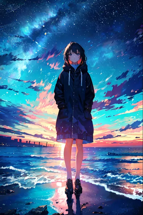 At night, Teenager standing by the sea，Looking up at the starry sky，Full body photo，delicated，nood