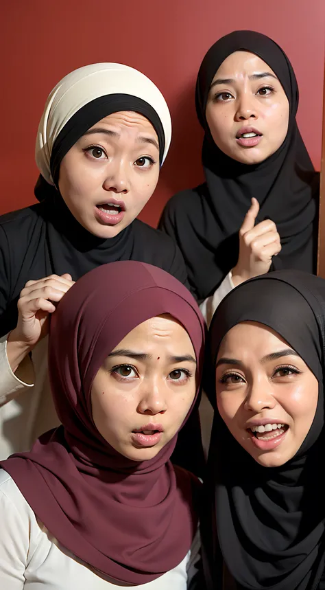 Design a hilarious movie poster featuring the three malay female in hijab as a main characters of our comedy film. Show them caught in a comical situation, with exaggerated facial expressions and props that reflect their distinct personalities. Add a touch...