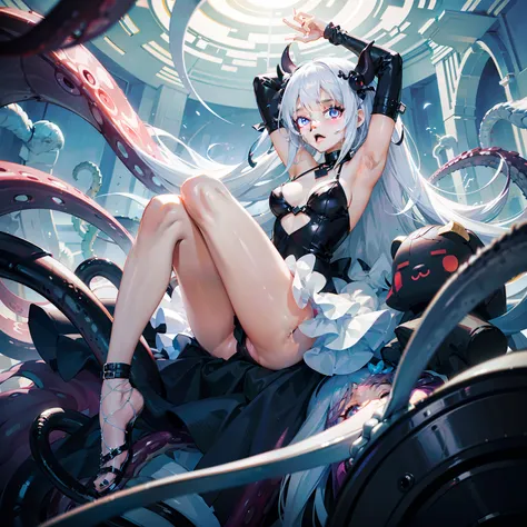 The girl has white hair，The girl wears white stockings on her legs，Girl wearing erotic panties，The cell has four walls，The cells had no windows, The girl cant escape，The girl was in a dimly lit cell，The cells were full of black tentacles，The girl lay on th...