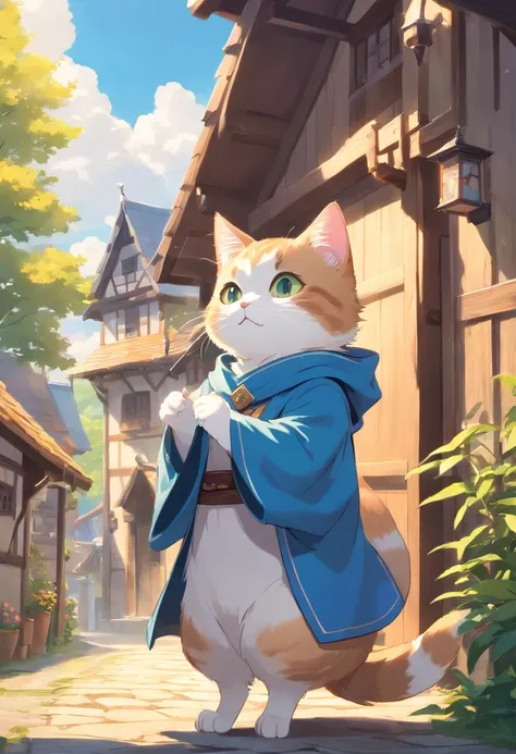 A Munchkin cat in a wizards outfit conjuring a powerful spell atop a house in a small medieval village