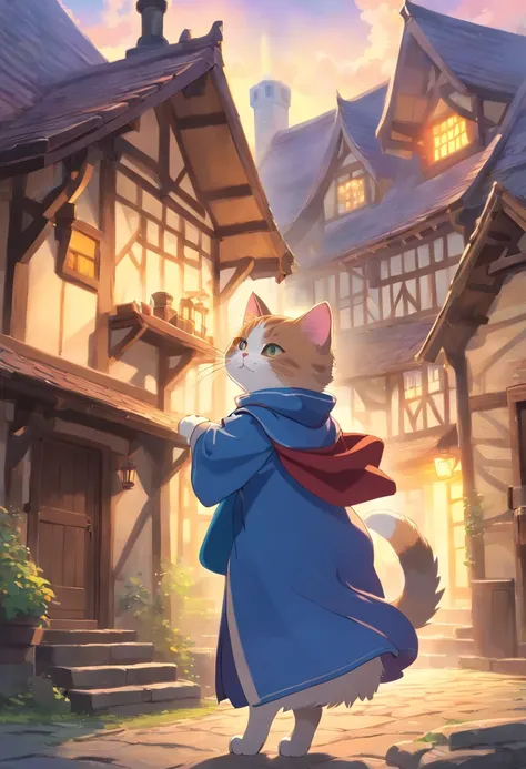 A Munchkin cat in a wizards outfit conjuring a powerful spell atop a house in a small medieval village