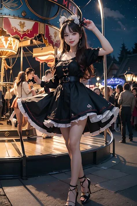 (8K、top-quality、超A high resolution、​masterpiece:1.2)、(Photorealsitic:1.4)、(detailed skins:1.3)、女の子1人、Beautiful model at 18 years old、Perfect Style、Beautiful Japan actress、Fashionable clothing、Trendy clothes、(Detail Eye) 、A smile、(Night amusement park、Lit u...