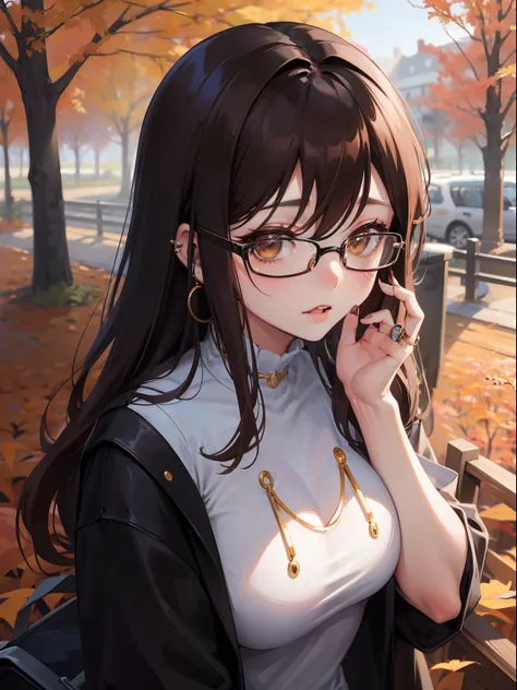 1人の女性、brown haired(Curta)、Brown eyes、Black-rimmed glasses、Ring piercing of the earlobe、seductive boobs、Autumn landscape