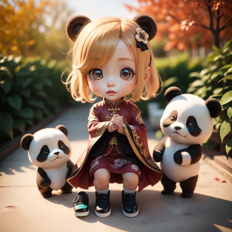 Cute Baby Chibi Anime、(((chibi 3d))) (Best Quality), (masutepiece)、Panda Chibi、With hair ornament２2 hairs、Costume with detailed embroidered decorations of kung fu、shoes、a small face、A detailed face、Royal Botanic Gardens in Autumn