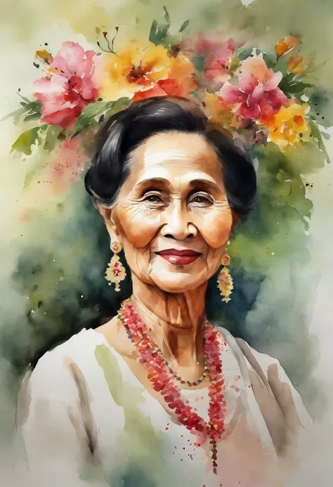 watercolor color  portrait of (( Aung Sann Su Kyi )),  65 years old lady with calm look and wise appearance. flowers on  hair ...