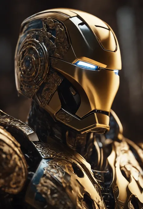 octane render of Ironman by Tsutomu nihei, chrome silk with intricate ornate weaved golden filiegree, dark mysterious background --v 4 --q 2