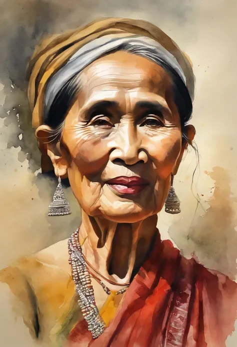 watercolor color  portrait of (( Aung Sann Su Kyi )),(( leader of Burma))  50 years old lady with calm look and wise appearance.  ...