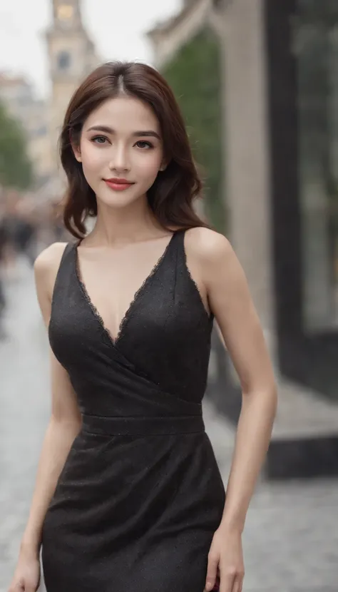 ((Best quality, 8k, Masterpiece :1.3)), 1girl, smiling, full body, slim face, Pretty woman, (Dark brown hair), full length dress :1.1, Ultra-detailed face, Detailed eyes, Double eyelid, blur background, slim face, city, outside, street,