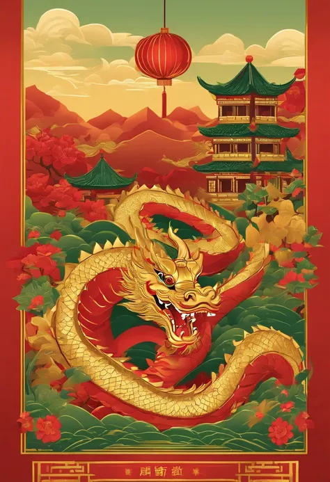 Chinese New Year，Year of the dragon，Golden, Red, Green，comic strip，Flat Illustration Style，simple，unreal，Commercial Posters，There are decorations around，delight